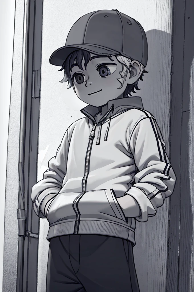 (((Masterpiece))), best quality, cowboy shot, perfect anatomy, ((realistic faces)), realistic anatomy, painterly, 1boy, (((shota))), solo, fanny pack, wavy hair, short hair, jacket, three quarter view, simple background, white background, hand in pocket, cap