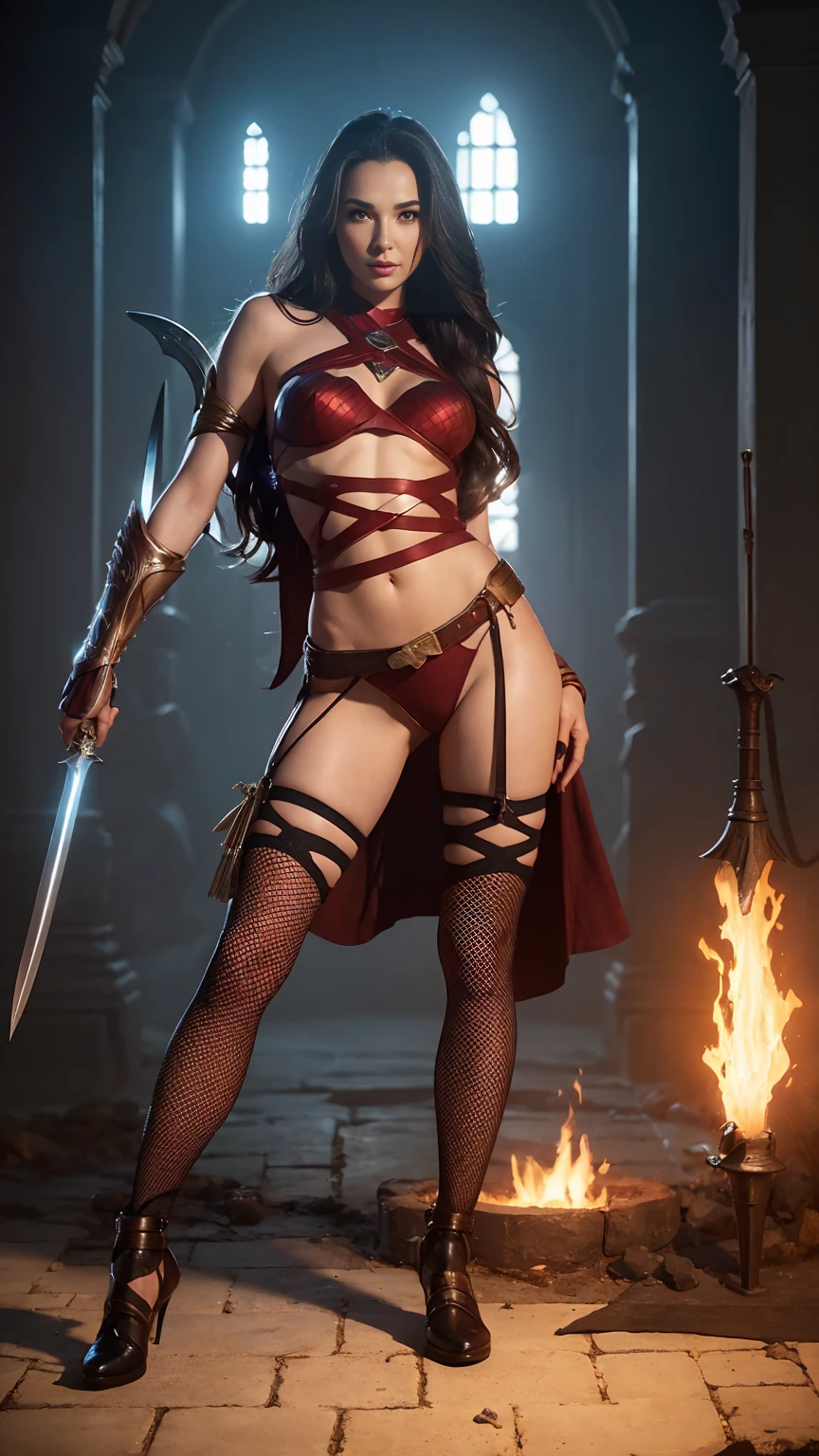 ((Full body photo, standing, feet on the ground)) a woman dressed as a warrior holding a sword, sexy painting of gal gadot, fishnet tights,, tyler edlin fantasy art, fantasy woman, gal gadot as hell lord, zenescope, a very beautiful berserker woman, magali villeneuve', as seen on artgerm, very beautiful female barbarian, artgerm julie bell beeple, 4k fantasy art
