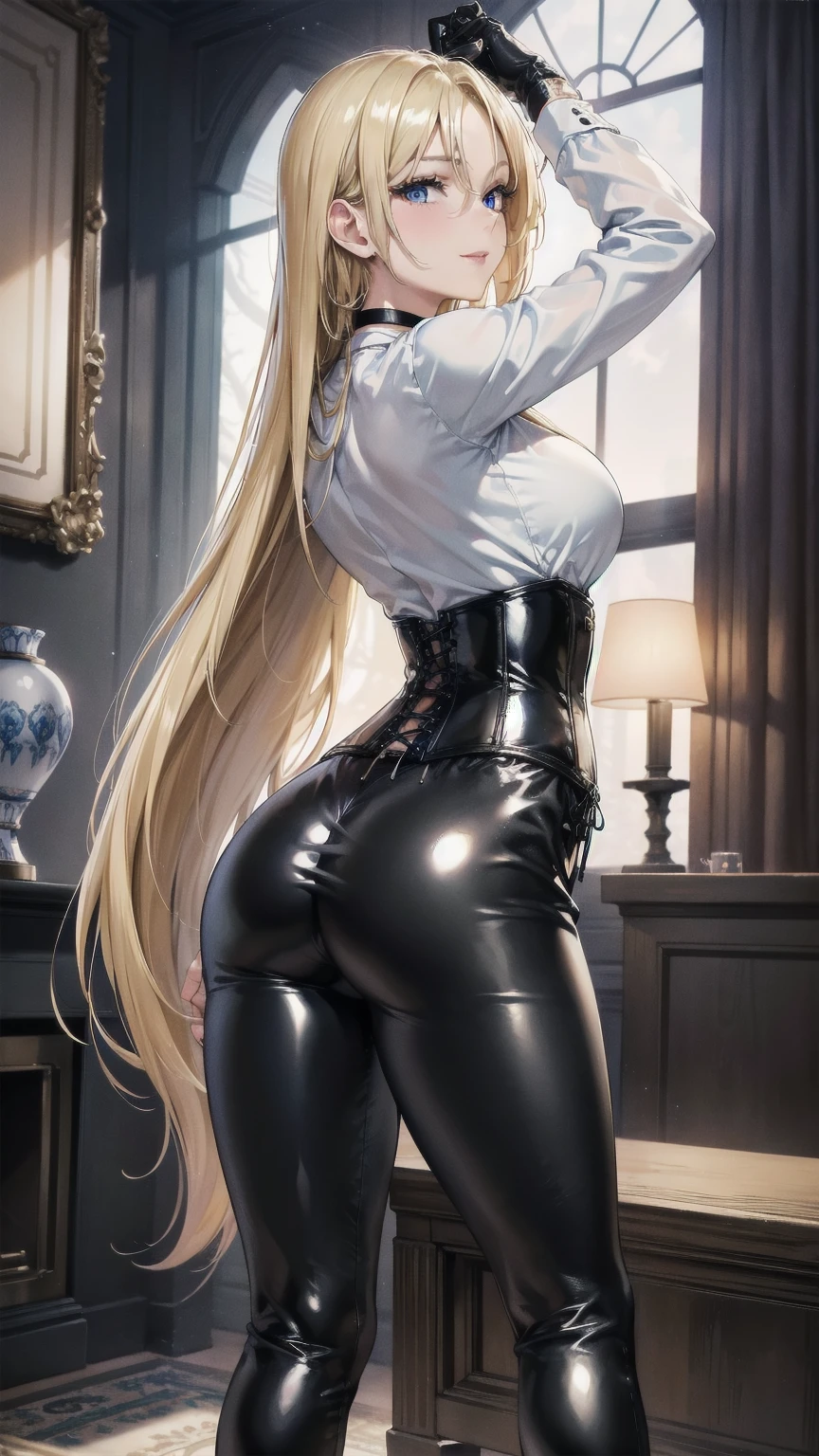 masterpiece, Superior image quality, High resolution, 4k image,photo and gross, photorealistic, whole body, 1 15 year old girl, standing, stretching up, arms raised up, view from behind, perfect ass, {{{vagina}}}, beautiful face, long blonde hair, blue eyes, very detailed eyes, seductive expression, draw smile, choker:1.6, (white collar button down long sleeve shirt), black gloves, gloves that cover hands, (black leather corset), (shiny black leggings), Sensual Lips, show details in the eyes, looking at the viewer, Elegant living room, at night