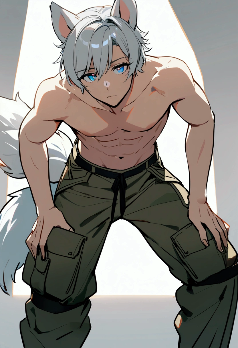 1 cute boy, gray hair, light blue eyes, com um olhar seducer, wearing no shirt, utility pants, white dog ears, white dog tail, seducer, beautiful and delicious body, your waist is leaning forward