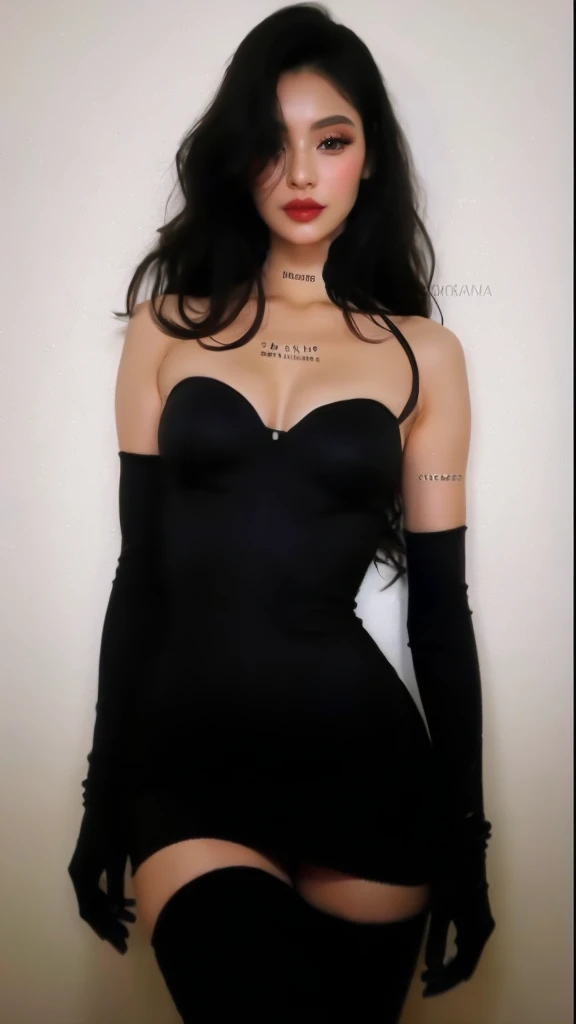 a close up of a woman in a black gown and gloves, she is wearing a black gown, wearing a tight black gown, black gown, wearing black gown, wearing a black gown, dark dress, wearing a black bodysuit, tight black clothes, dark black gown, black leagwear, black skintight bodysuit, tube dress, tight dress