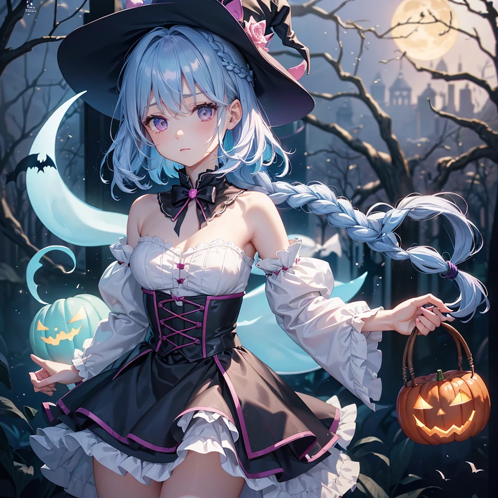 (Light blue medium hair:1.2),(Braided hair:1.2)、Pink eyes、Fair skin、cowboy shot、Halloween、The background is a pumpkin ghost、Crescent Moon、Trick or Treat、A lot of sweets、witch、Halloween night、Candy、many bat、Condescending expression、solo、(masterpiece、Highest quality、Very detailed、Best Shadow)、(Detailed Background)、(Beautifully detailed face)、High contrast、(Best lighting、Very delicate and beautiful)、(Cinematic Light)、colorful、Hyper Detail、Dramatic Light、Exquisite detail、