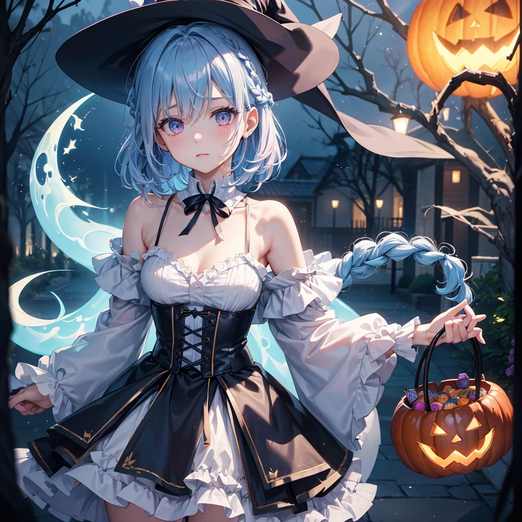 (Light blue medium hair:1.2),(Braided hair:1.2)、Pink eyes、Fair skin、cowboy shot、Halloween、The background is a pumpkin ghost、Crescent Moon、Trick or Treat、A lot of sweets、witch、Halloween night、Candy、many bat、Condescending expression、solo、(masterpiece、Highest quality、Very detailed、Best Shadow)、(Detailed Background)、(Beautifully detailed face)、High contrast、(Best lighting、Very delicate and beautiful)、(Cinematic Light)、colorful、Hyper Detail、Dramatic Light、Exquisite detail、