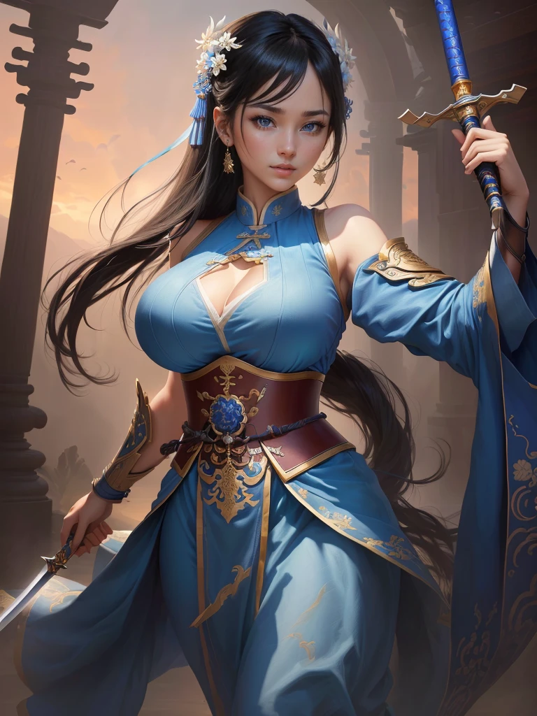 Woman in blue dress holding a sword, Inspired by Li Mei-shu, Inspired by Li Tang, Yunling, Inspired by Ju Lian, Inspired by Wu Zuoren, Inspired by Cao Zhibai, Inspired by Wu Li, Inspired by Run In, Inspired by Zhou Fang, Inspired by Du Qiong, Highly detailed CG unit 8k wallpaper, masterpiece, High resolution, highest quality, highest quality real texture skin, Super real, Digital Painting, Best image quality, 最High resolution, 8k, (((Highly detailed eyes and face, Beautiful eyes every detail))), (disproportionate breasts, huge breasts, sagging breasts, gigantic breasts,), black hair, smile,