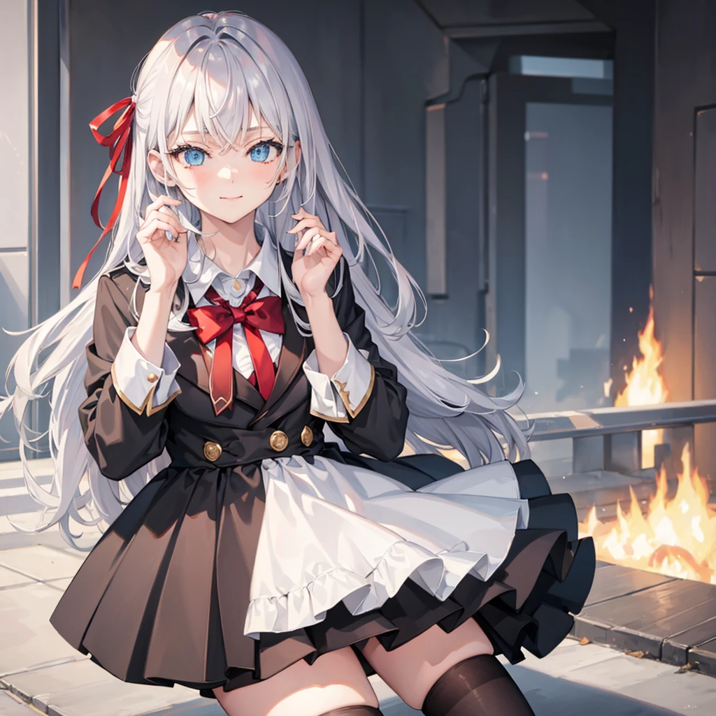 ((masterpiece)),(best quality),official art,extremely delicate and beautiful,extremely detailed CG,unity 8k wallpaper,ultra detailed,beautiful detailed eyes,extremely detailed face,outdoors,1girl,solo,upper body,(portrait:1.5),looking at viewer,facing viewer,smile,(petite:1.2),Alisa Mikhailovna Kujou,ahoge,long hair,grey hair,hair intakes,hair ribbon,red ribbon,sidelocks,hair between eyes,bangs,blue eyes,,grey jacket,cropped jacket,blazer,open jacket,open clothes,wing collar,red bowtie,collared shirt,white shirt,medium breasts,long sleeves,buttons,black dress,pleated dress,high-waist skirt,zettai ryouiki,white thighhighs,black footwear,loafers,