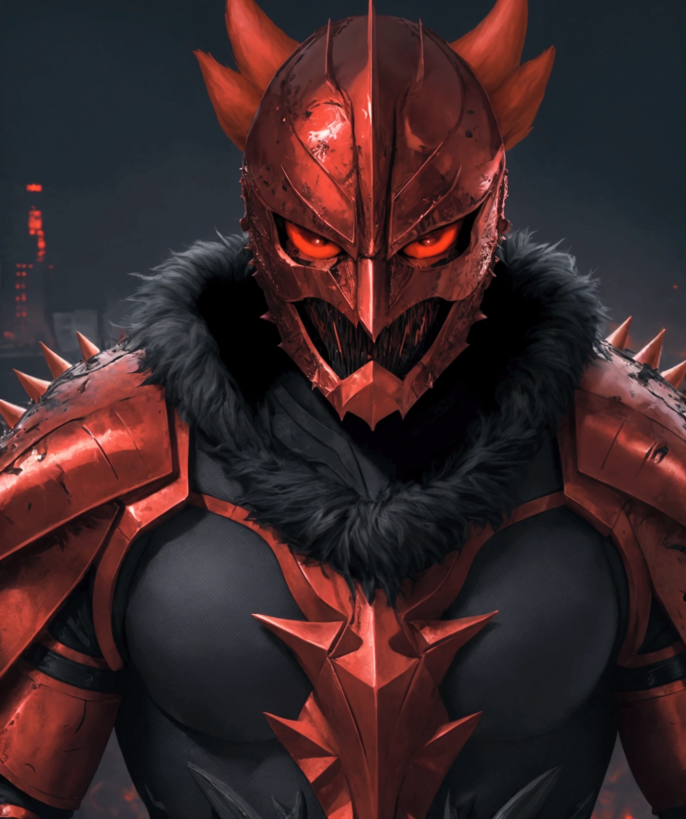(extremely detailed 8k wallpaper), a medium shot photo of Grim dressed as a scary masked metallic red and orange furry-supervillain in a metallic red and orange spiked armour made of fur glowing armour with spikes from marvel, theme, intricate, high detail, dramatic, destroyed burning buildings in the background