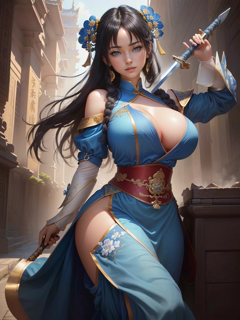 Woman in blue dress holding a sword, Inspired by Li Mei-shu, Inspired by Li Tang, Yunling, Inspired by Ju Lian, Inspired by Wu Zuoren, Inspired by Cao Zhibai, Inspired by Wu Li, Inspired by Run In, Inspired by Zhou Fang, Inspired by Du Qiong, Highly detailed CG unit 8k wallpaper, masterpiece, High resolution, highest quality, highest quality real texture skin, Super real, Digital Painting, Best image quality, 最High resolution, 8k, (((Highly detailed eyes and face, Beautiful eyes every detail))), ((disproportionate breasts, huge breasts, sagging breasts, gigantic breasts)), black hair, smile,