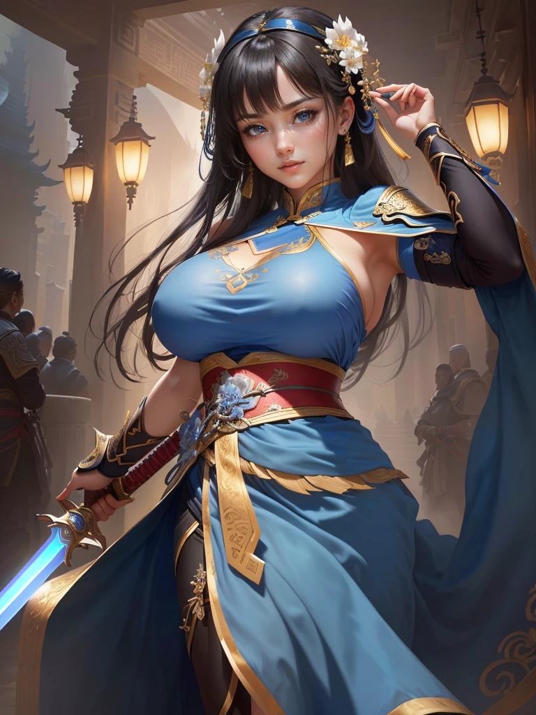 Woman in blue dress holding a sword, Inspired by Li Mei-shu, Inspired by Li Tang, Yunling, Inspired by Ju Lian, Inspired by Wu Zuoren, Inspired by Cao Zhibai, Inspired by Wu Li, Inspired by Run In, Inspired by Zhou Fang, Inspired by Du Qiong, Highly detailed CG unit 8k wallpaper, masterpiece, High resolution, highest quality, highest quality real texture skin, Super real, Digital Painting, Best image quality, 最High resolution, 8k, (((Highly detailed eyes and face, Beautiful eyes every detail))), ((disproportionate breasts, huge breasts, sagging breasts, gigantic breasts)), black hair, smile,