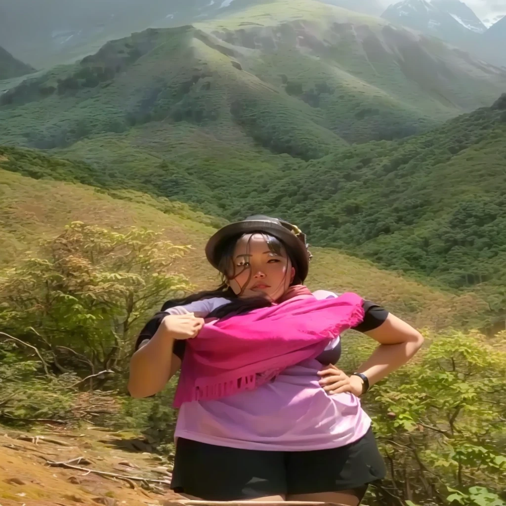 woman standing on a mountain with a pink scarf on her shoulder, in jungle forest peak, yun ling, xintong chen, in mountains, in front of a forest background, with mountains in the background, joy ang, moutain in background, with mountains in background, in jungle forest !!!, with mountains as background, nivanh chanthara, in the mountains, big bobs, bobs, 