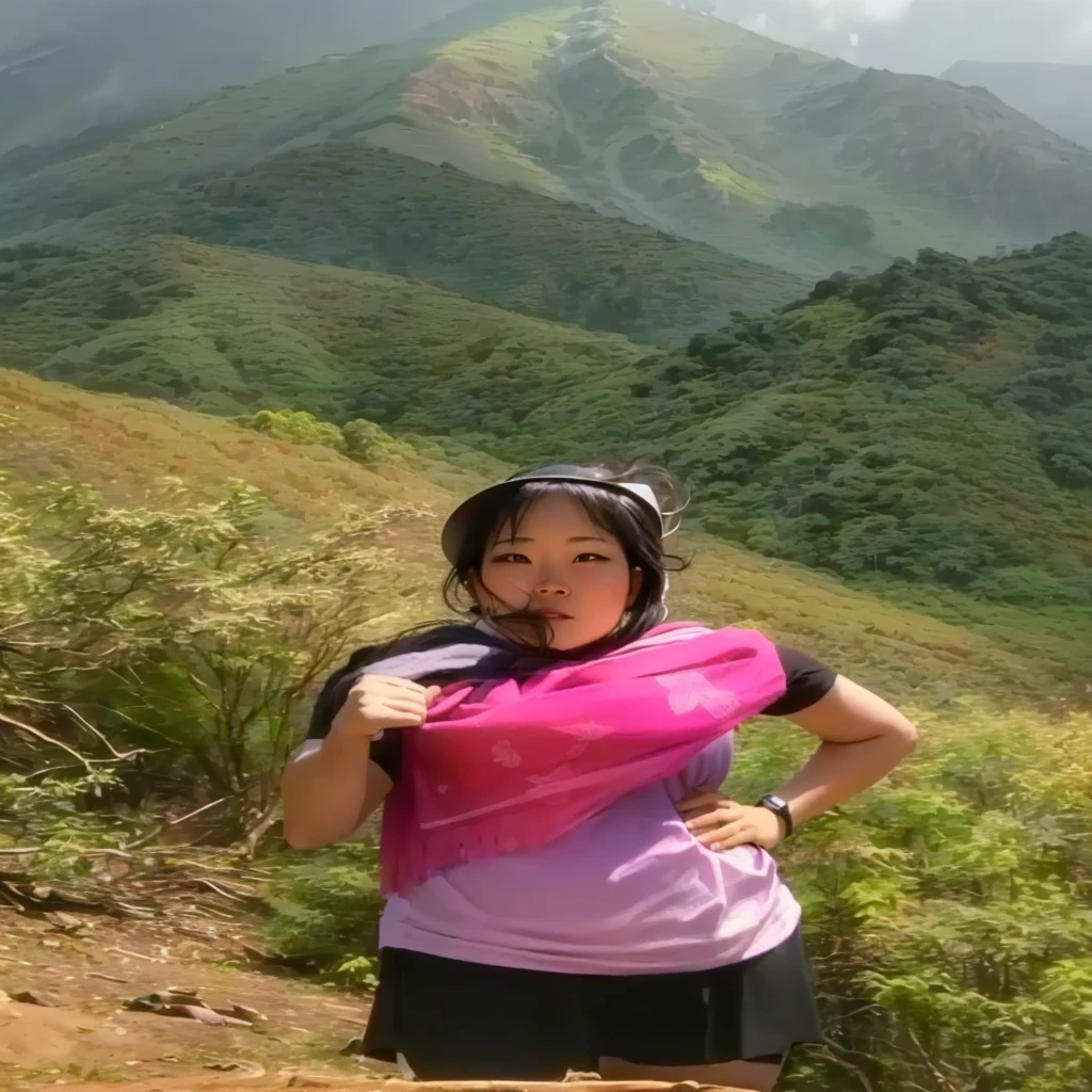 woman standing on a mountain with a pink scarf on her shoulder, in jungle forest peak, yun ling, xintong chen, in mountains, in front of a forest background, with mountains in the background, joy ang, moutain in background, with mountains in background, in jungle forest !!!, with mountains as background, nivanh chanthara, in the mountains, big bobs, bobs,