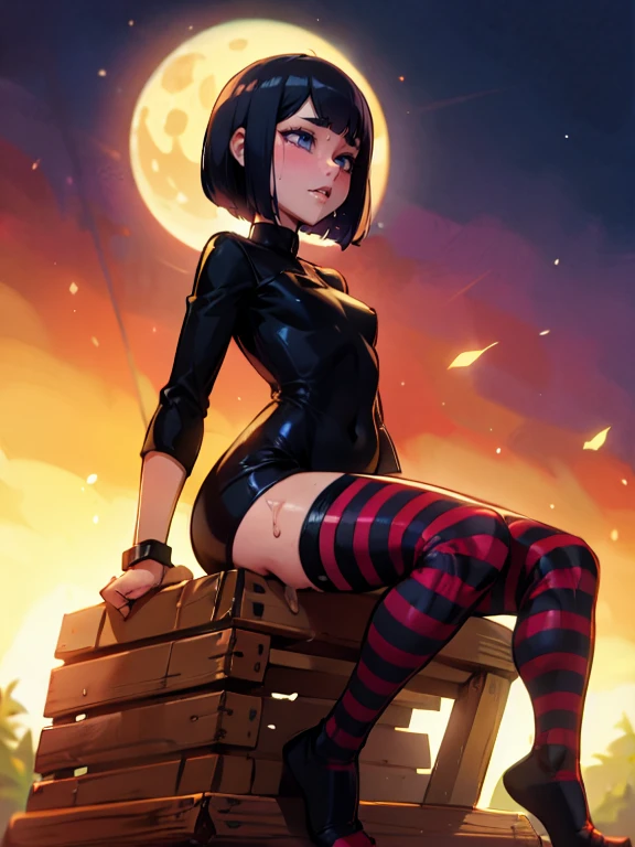 chedevr, ultra high resolution, Ultra detailed, Beautiful European girl, black hair, Short bob haircut, Amazing blue eyes, White skin, Red lips, blush, tender look, enchantress, amazing face, The Amazing Mavis Dracula, realists, ((black bodycon dress)), Charming clothes, striped socks , Beautiful, perfect body, striped knee socks, bdsm, (sitting on a wooden horse), (I&#39;m cumming), sperm on the body, (Blow job), forced, fellatio, oral sex, invasion