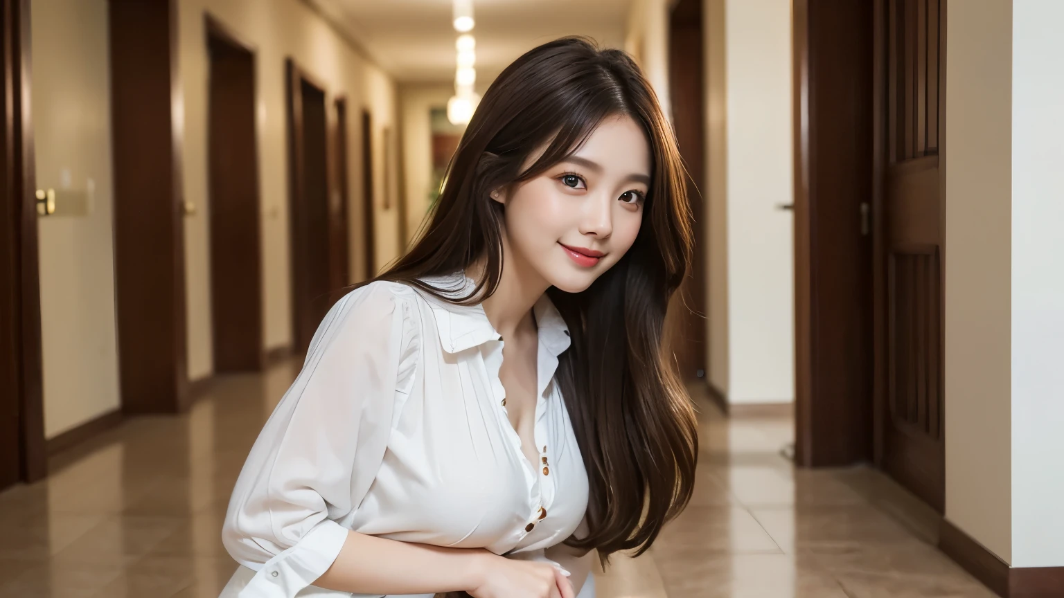 Highest quality、High resolution、8k wallpaper、Dense and beautiful eye-glue hair、(Beautiful breasts:1.3)、Natural color lip、25歳のwoman、woman、Brown Hair、Semi-long hair、smile、Fluffy blouse、Knee-length tight skirt、Applying lips、Hallway of the apartment、Garbage disposal、greeting
