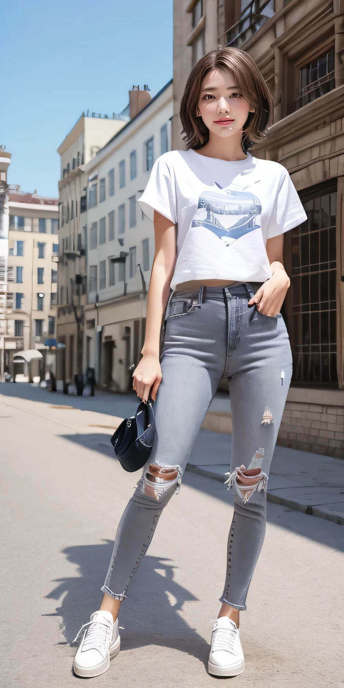 beautiful girl,（Full body photo） Brown Hair ,Short Haircut、 White T-shirt, Grey coat, Skinny jeans、sneakers、smile、Detailed aspect, High resolution,Ultra-detailed body, Hype realistic, Realistic, masterpiece 、The background is the building&#39;s corridor.
