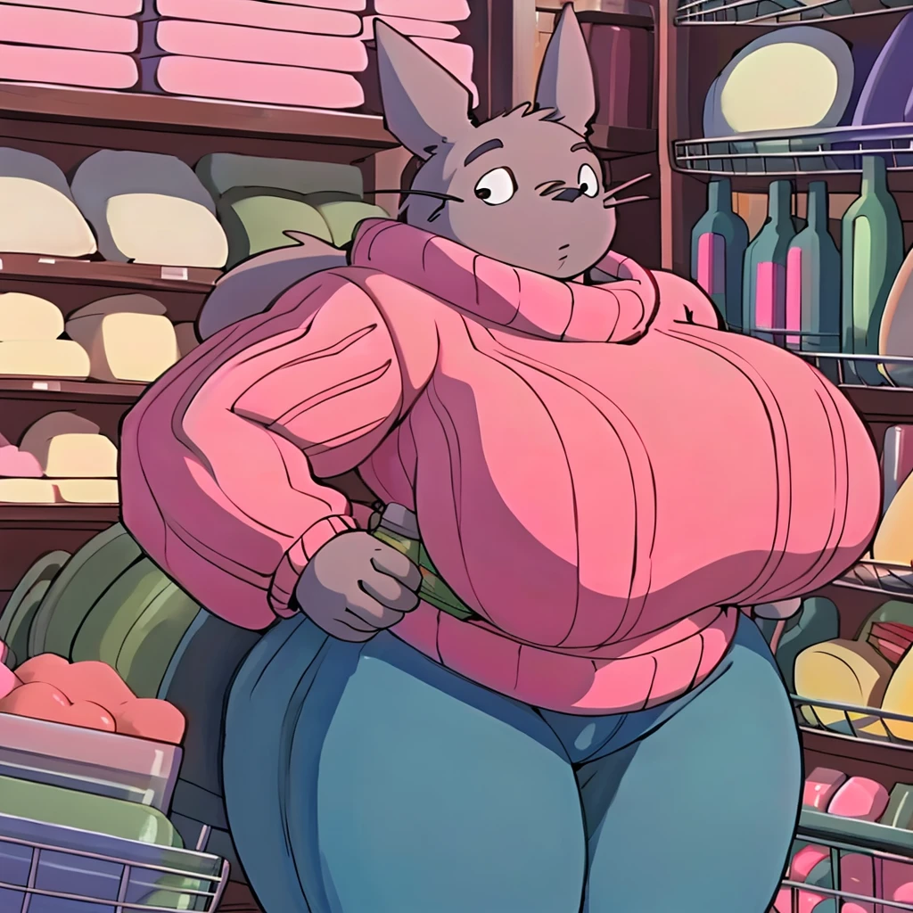  high resolution, (masterpiece:1.4), (totoro), female, chubby, high detail eyes, (sweater and jeans:1.2),(grocery:1.2),detailed backround, (large breasts:1.2), big_totoro, by bigdad, by duase,