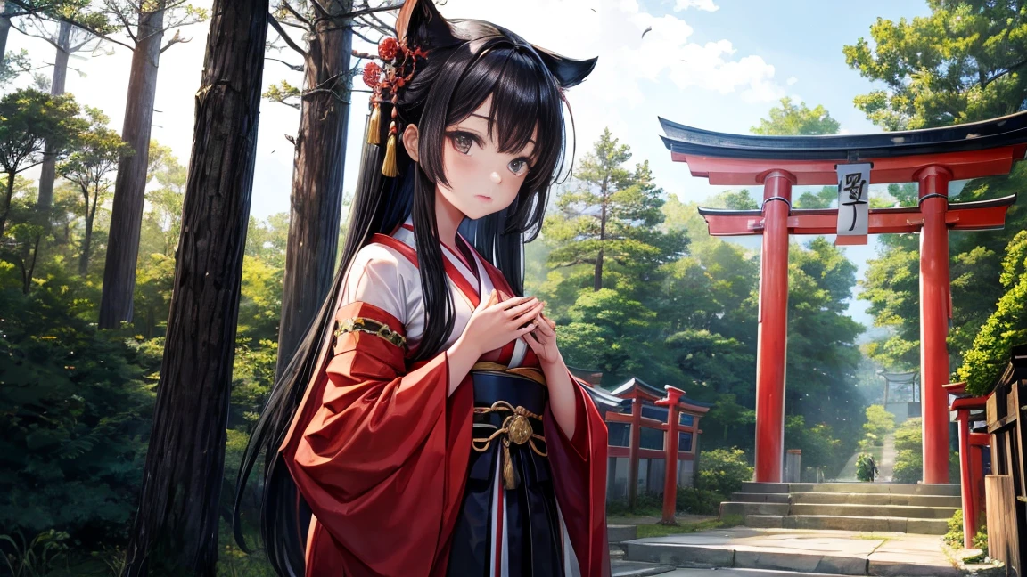 18-year-old girl、Black hair that grows to the waist、Japanese Shrine Maiden Costume、Praying、Daytime forest、Large Torii Gate