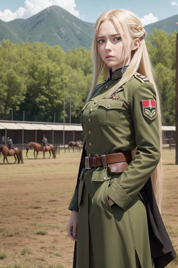 **Attack on Titan screencap of a girl with long blonde hair and green eyes.Beautiful background scene of horses behind her.She is wearing a soldier's uniform.Season 4 MAPPA Studios Screencap**