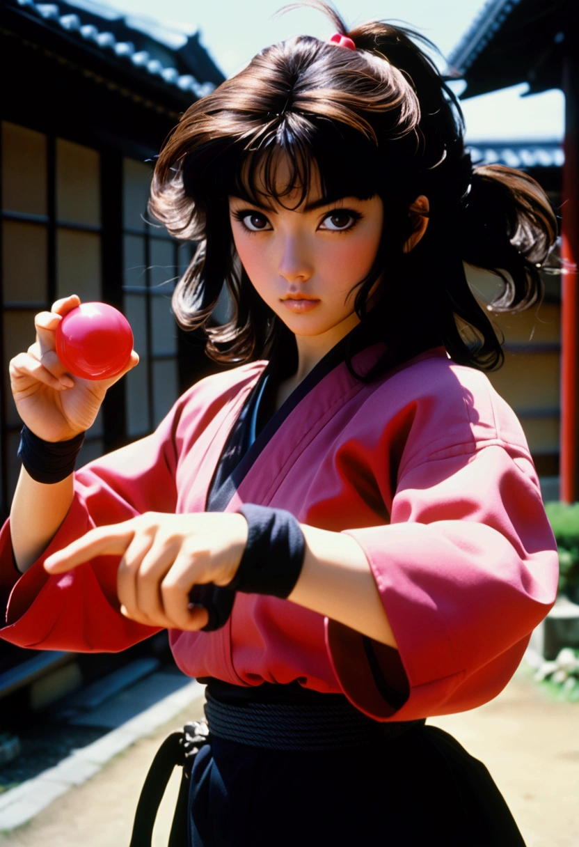 A cinematic film still of Sukeban Deka, punching with a yoyo toy in her hand, 80s Japanese Drama. Style by Masamune Shirow. Canon 5d Mark 4, Kodak Ektar, 35mm