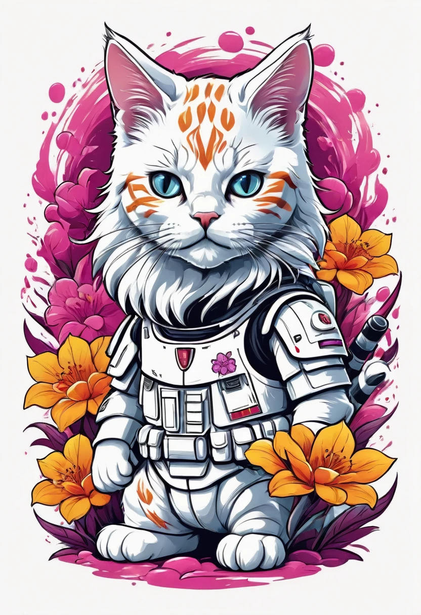 Design a group of Cats dressed as Storm Troppers members engaging in adorable adventures, flowers, vectorized contours, vivid color, splash of color, cute, illustrator, digitl art, image for t-shirt design, White background, ultra HD details, white background, tshirt design,