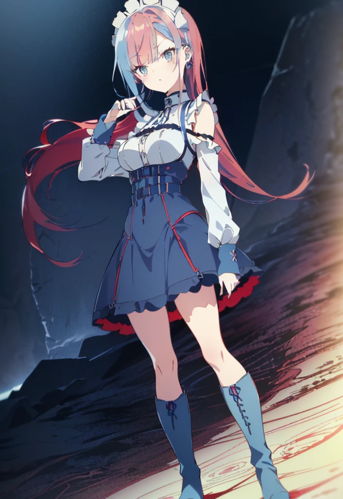 ((split-color hair , red hair , light blue hair)),[(cathedral background:1.4)::5],original,(illustration:1.1),(best quality),(masterpiece:1.1),(extremely detailed CG unity 8k wallpaper:1.1), (colorful:0.9),(mid shot:0.95),(full body:1.5),Dynamic angle,(solo:1.2), (girl),((adult)), (detailed beautiful eyes:1.15), (beautiful face:1.15), (glowing red eyes:1.25////),((medium hair)),((split-color hair , red hair , light blue hair)),(high twintails),(chignon),(+perfect hand+:1.21),(Draw an illustration of a gothic girl),(Religious),(slender),(is wearing boots on her feet),((is wearing white maid clothes)),(furious), Lace Off-shoulder lolita fashion,beautiful slender woman,high twintails,full body,mini skirt,((split-color hair , red hair , light blue hair)),((black long boots)),((mini skirt)),((adult)),((dynamic angle)),((split-color hair , red hair , light blue hair)),((split-color hair , red hair , light blue hair)),((black long boots)),((black long boots)),((split-color hair , red hair , light blue hair)),((split-color hair , red hair , light blue hair)),