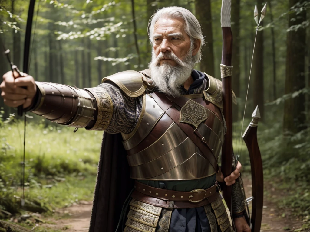 {
"prompt": "Create an image of an elderly male archer. He has a strong and dignified appearance, with a long, grey beard and weathered features showing his age and experience. He is wearing a light armor, consisting of a leather jerkin, bracers, and greaves, allowing for easy movement. His armor is adorned with intricate designs. He carries a longbow made of polished wood, and a quiver full of arrows on his back. He stands in a forest clearing, ready to draw his bow, with a determined look in his eyes.",
"size": "1024x1792"
}