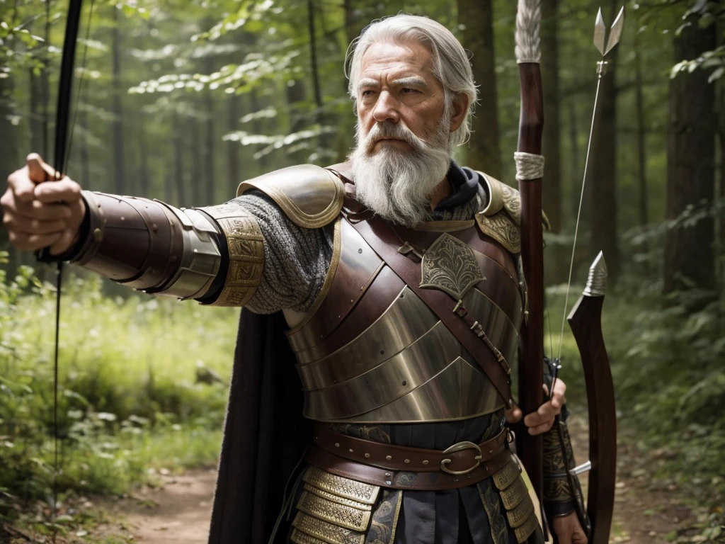 {
"prompt": "Create an image of an elderly male archer. He has a strong and dignified appearance, with a long, grey beard and weathered features showing his age and experience. He is wearing a light armor, consisting of a leather jerkin, bracers, and greaves, allowing for easy movement. His armor is adorned with intricate designs. He carries a longbow made of polished wood, and a quiver full of arrows on his back. He stands in a forest clearing, ready to draw his bow, with a determined look in his eyes.",
"size": "1024x1792"
}