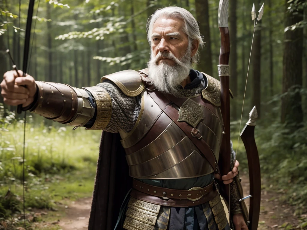 {
"prompt": "Create an image of an elderly male archer. He has a strong and dignified appearance, with a long, grey beard and weathered features showing his age and experience. He is wearing a light armor, consisting of a leather jerkin, bracers, and greaves, allowing for easy movement. His armor is adorned with intricate designs. He carries a longbow made of polished wood, and a quiver full of arrows on his back. He stands in a forest clearing, ready to draw his bow, with a determined look in his eyes.",
"size": "1024x1792"
}