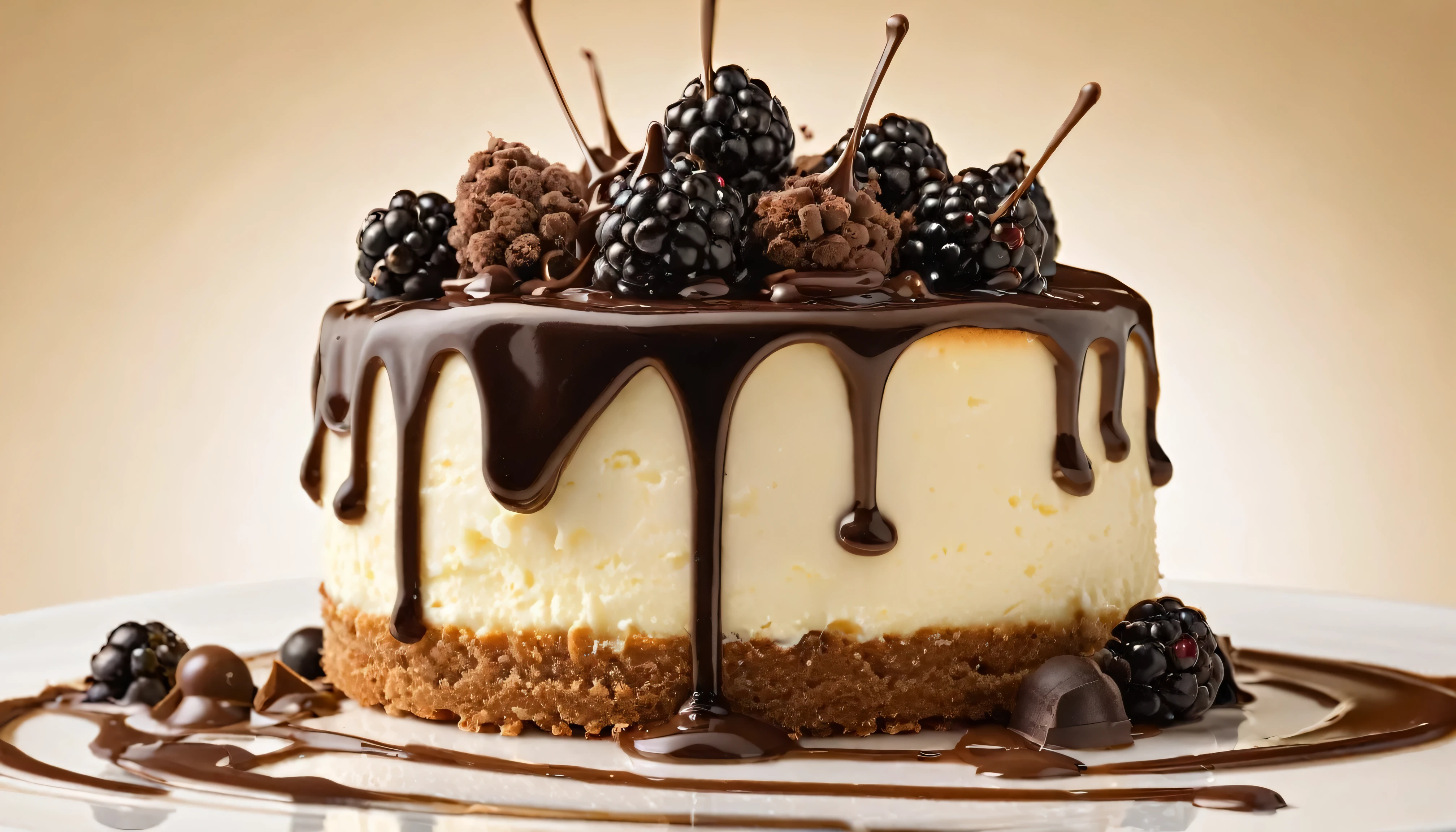 a picture of a cheesecake, cream and chocolate splashing in the elegant cream color background like in a commercial, everything in focus