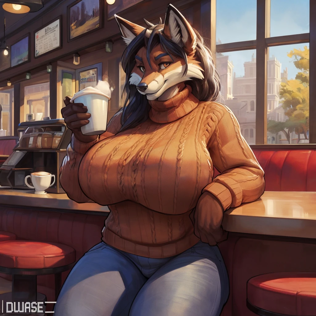  high resolution, (masterpiece: 1.4), (60 years old fox woman),high detail eyes,(sweater and jeans:1.2),(cafe:1.2),detailed backround, (large breasts:1.2), full body, by darkgem, by duase,