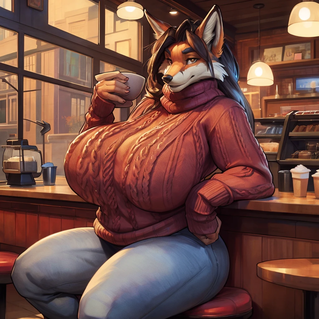high resolution, (masterpiece: 1.4), (60 years old fox woman),high detail eyes,(sweater and jeans:1.2),(cafe:1.2),detailed backround, (large breasts:1.2), full body, by darkgem, by duase,