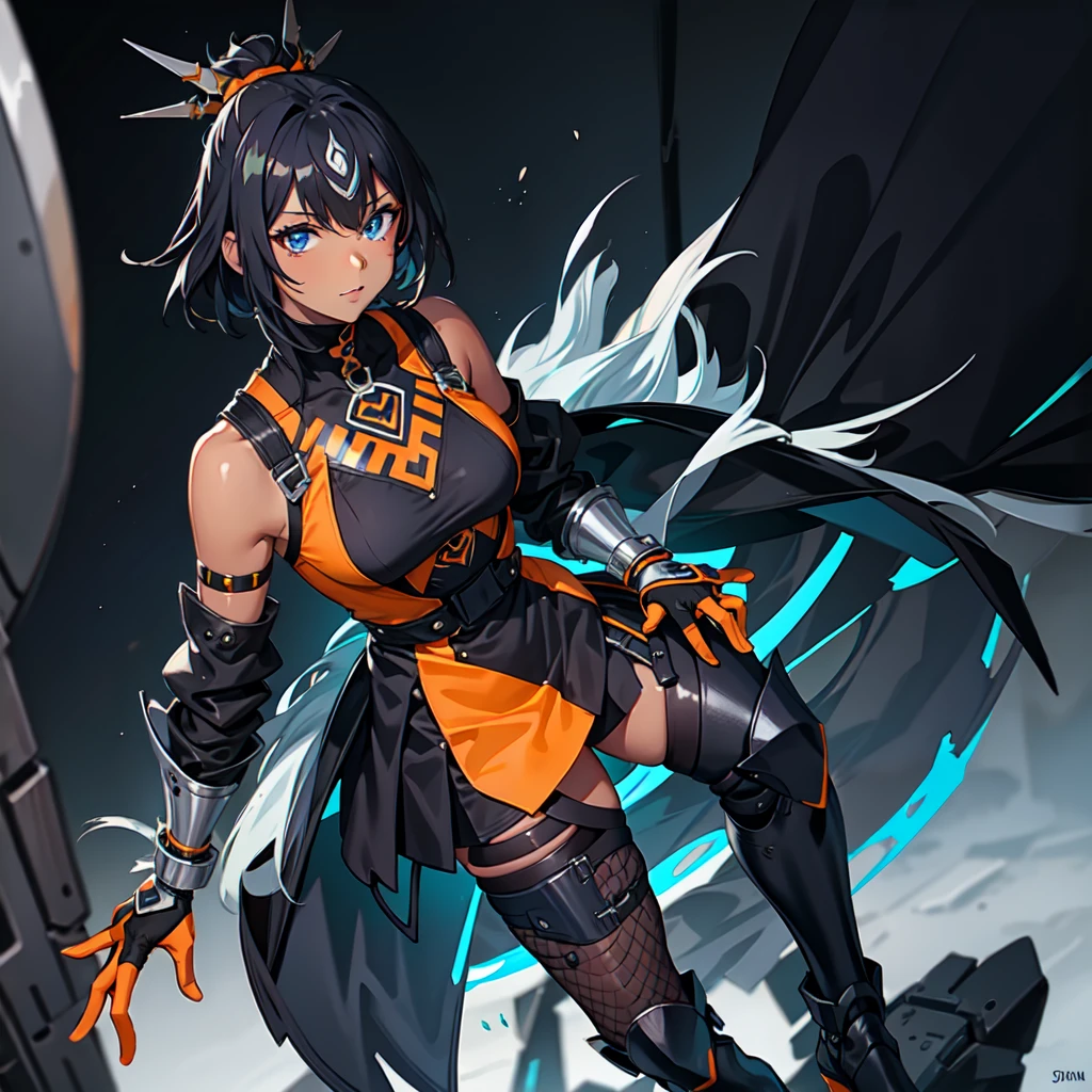 (((One character))), Female, (((Dark Skin)))), Black Hair with Ponytail, Light Blue Eyes, Round Glasses with a Little Dark Lens with this Lens being Orange, fishnet tights, and the Light Blue Color frame, (((Black Metallic Gauntlets and Greaves with Orange and Silver Highlights)), (((The Clothes Have a Mix of Modern and Tribal)))), Having Mostly Black Color,  but having Orange Parts, Shoulders on Display, On the Hip a Shorts extending to Half of the Thigh of black color.