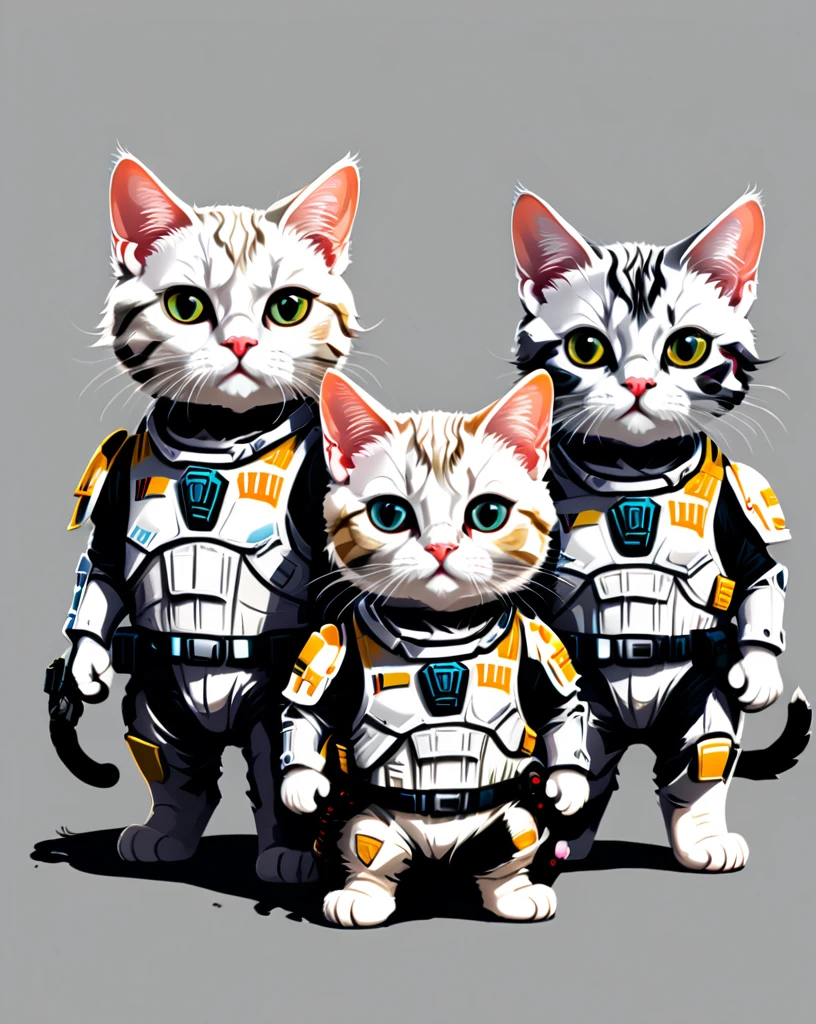 Design a group of Cats dressed as Storm Troppers members engaging in adorable adventures. , simple background, tshirt design 