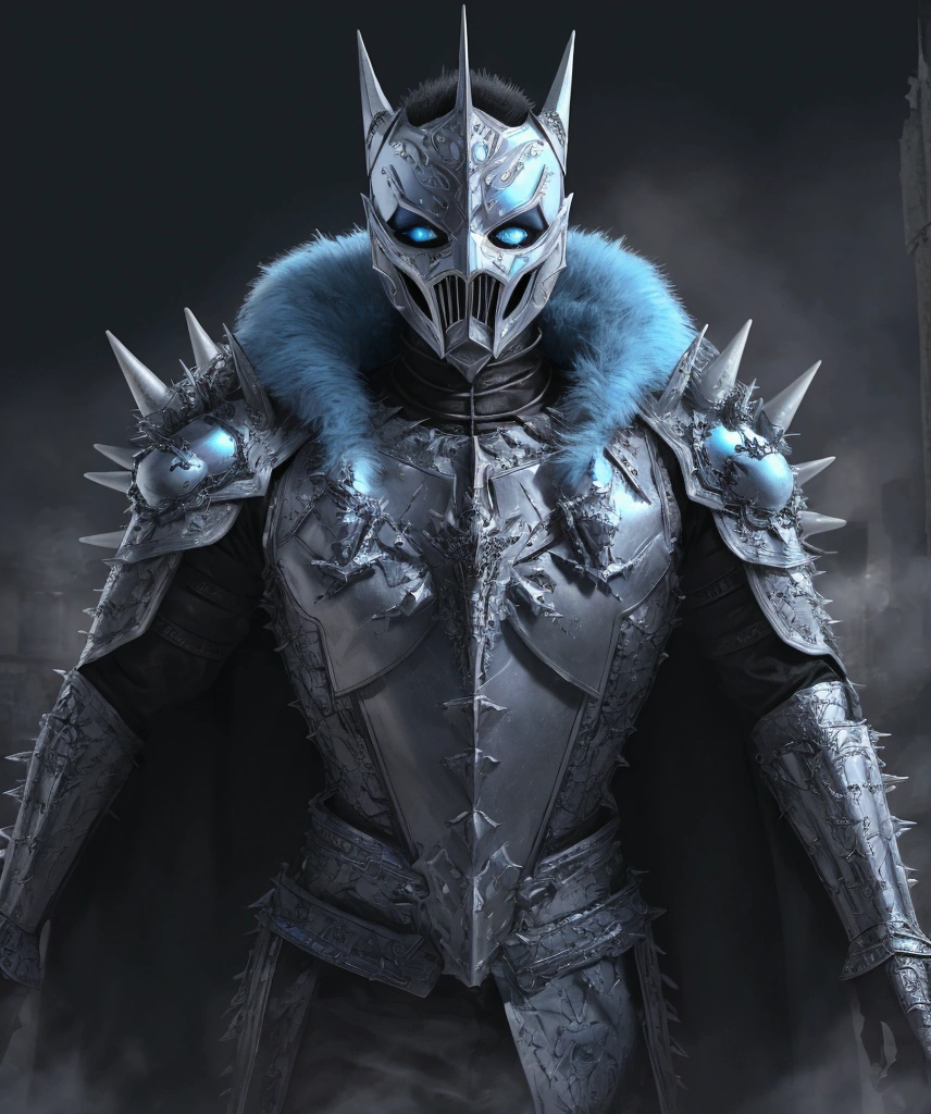 (extremely detailed 8k wallpaper), a medium shot photo of Grim dressed as a scary masked metallic white and baby blue furry-supervillain in a metallic white and baby blue spiked armour made of fur glowing armour with spikes from marvel, theme, intricate, high detail, dramatic, destroyed buildings and blue smoke in the background
