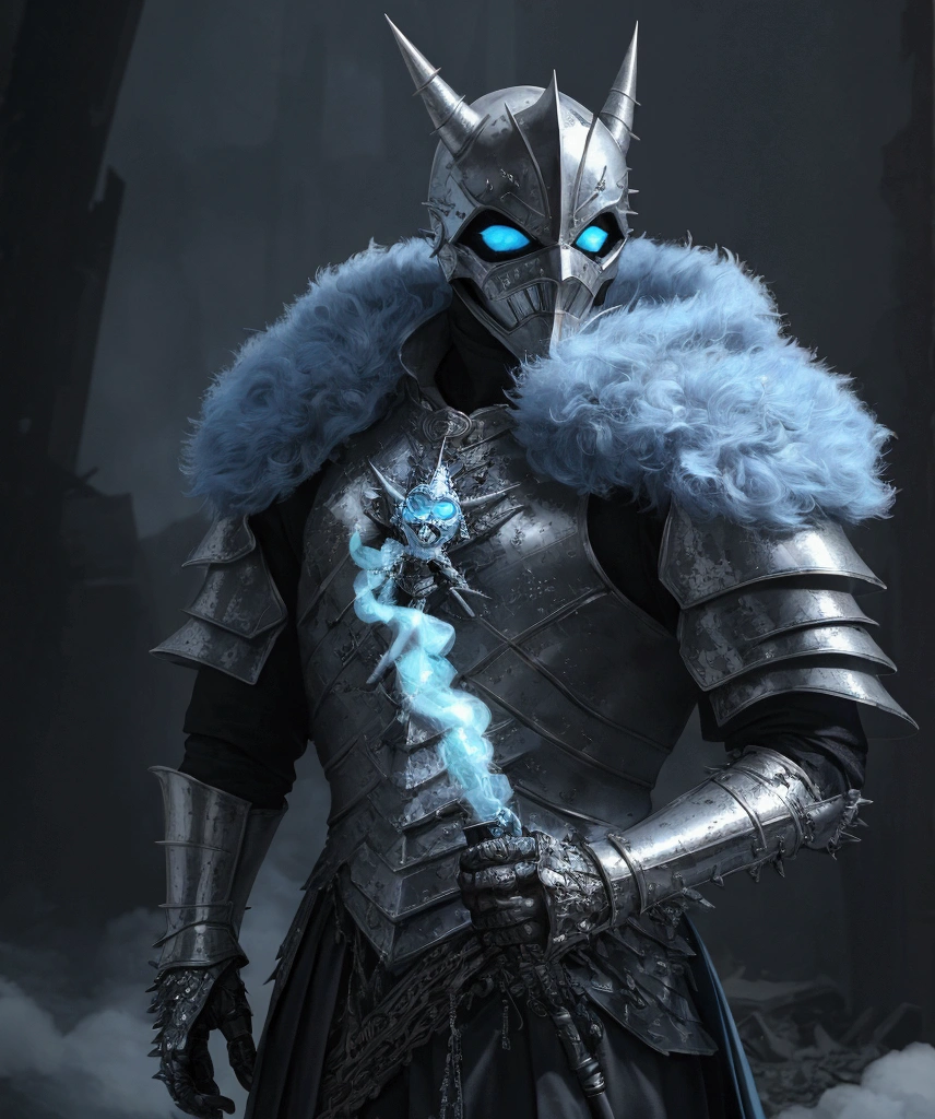 (extremely detailed 8k wallpaper), a medium shot photo of Grim dressed as a scary masked metallic white and baby blue furry-supervillain in a metallic white and baby blue spiked armour made of fur glowing armour with spikes from marvel, theme, intricate, high detail, dramatic, destroyed buildings and blue smoke in the background