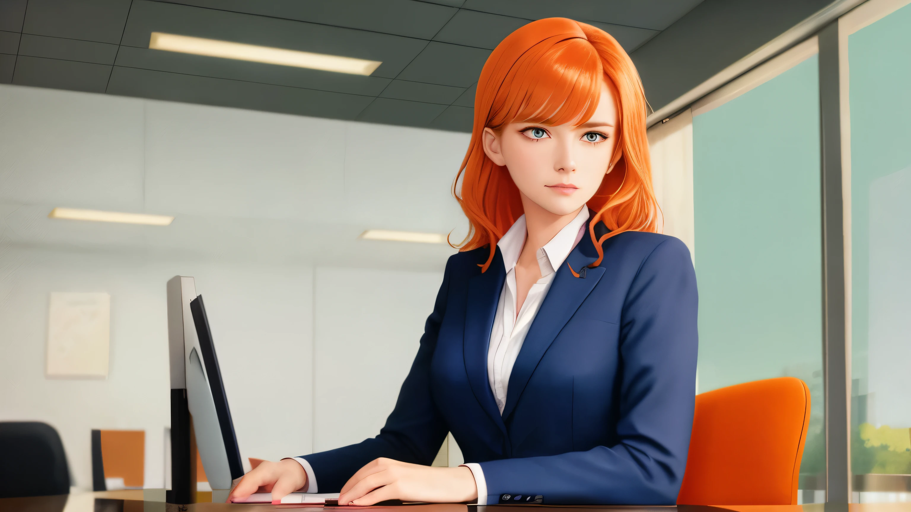 /draw orange hair woman green eyes sitting at desk talking on telephone with computer monitor, 1 9 8 0 s vaporwave business fashion, business woman, 1 9 8 0 s woman, woman in business suit, young business woman, denis velleneuve, female in office dress, sat at her desk, female lawyer, wearing a strict business suit, serious business, working hard, portrait of kim wexler