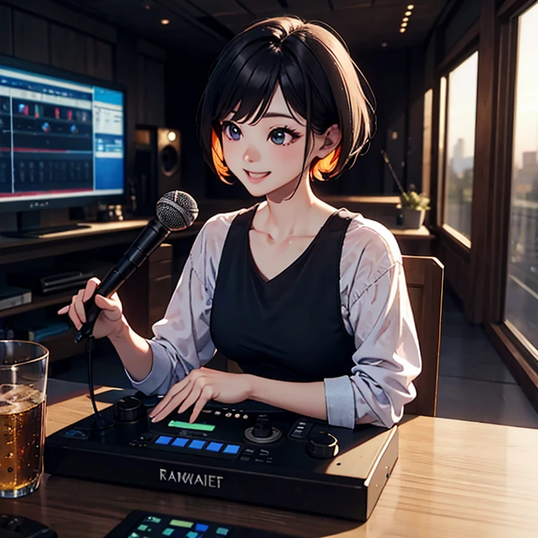 FM Radio Studio Stations, home、pixie short hair、Speak into the microphone, Realistic, Full-HD, 。.3D, 4K 、a smile