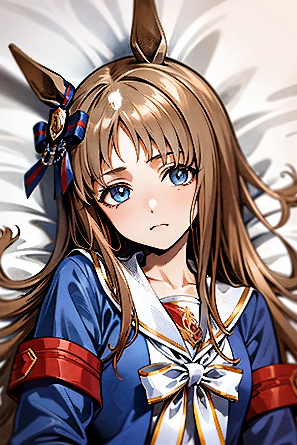 grass wonder \(umamusume\), 1 girl, Solo, Cute Girl,Best Quality, Ultra-detailed, 8K, High resolution, detailed face, lying on the bed, on back, upper body, blue jacket, sailor collared jacket,