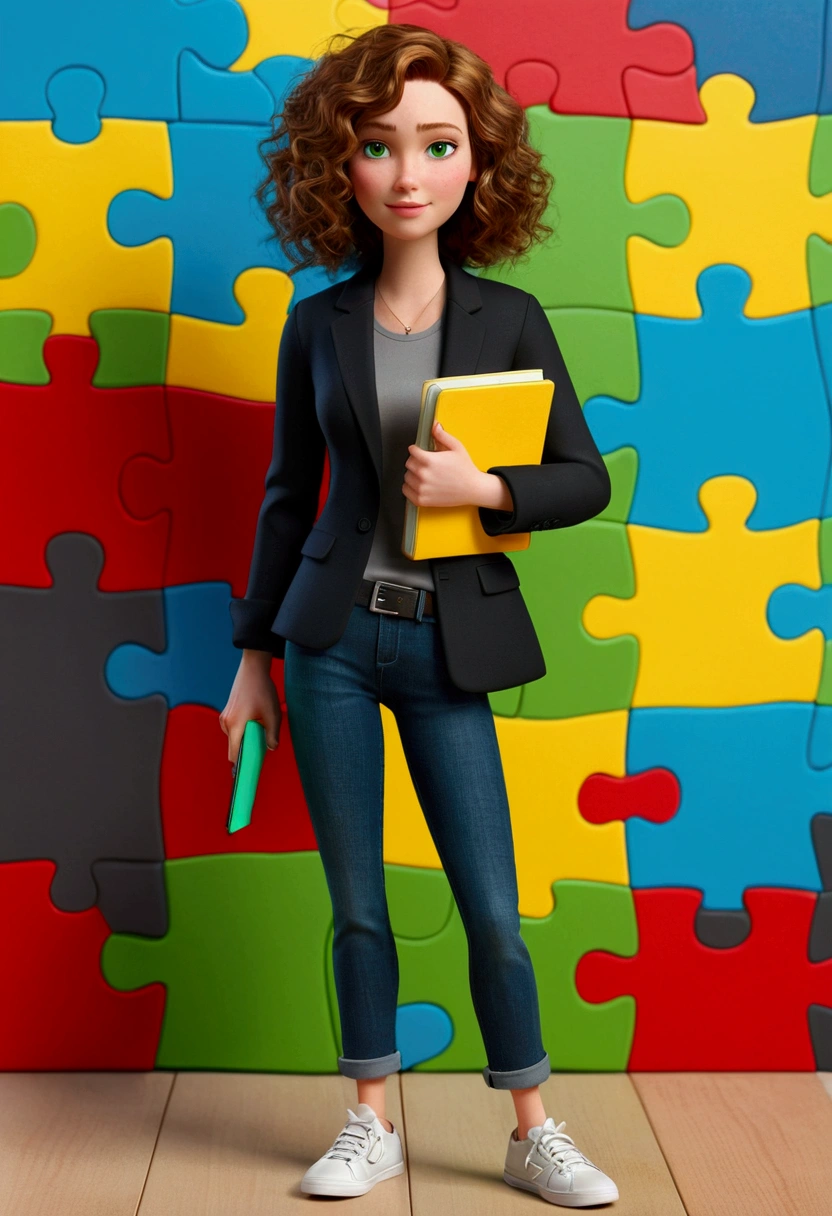 3D PIXAR STYLE POSTER. woman with fair skin, Wavy blonde hair , greeneyes, black blazer, black jeans pants, gray shirt, White sneakers, notebook in hand, BACKGROUND WITH RED PUZZLE, cerúleo, green and yellow.