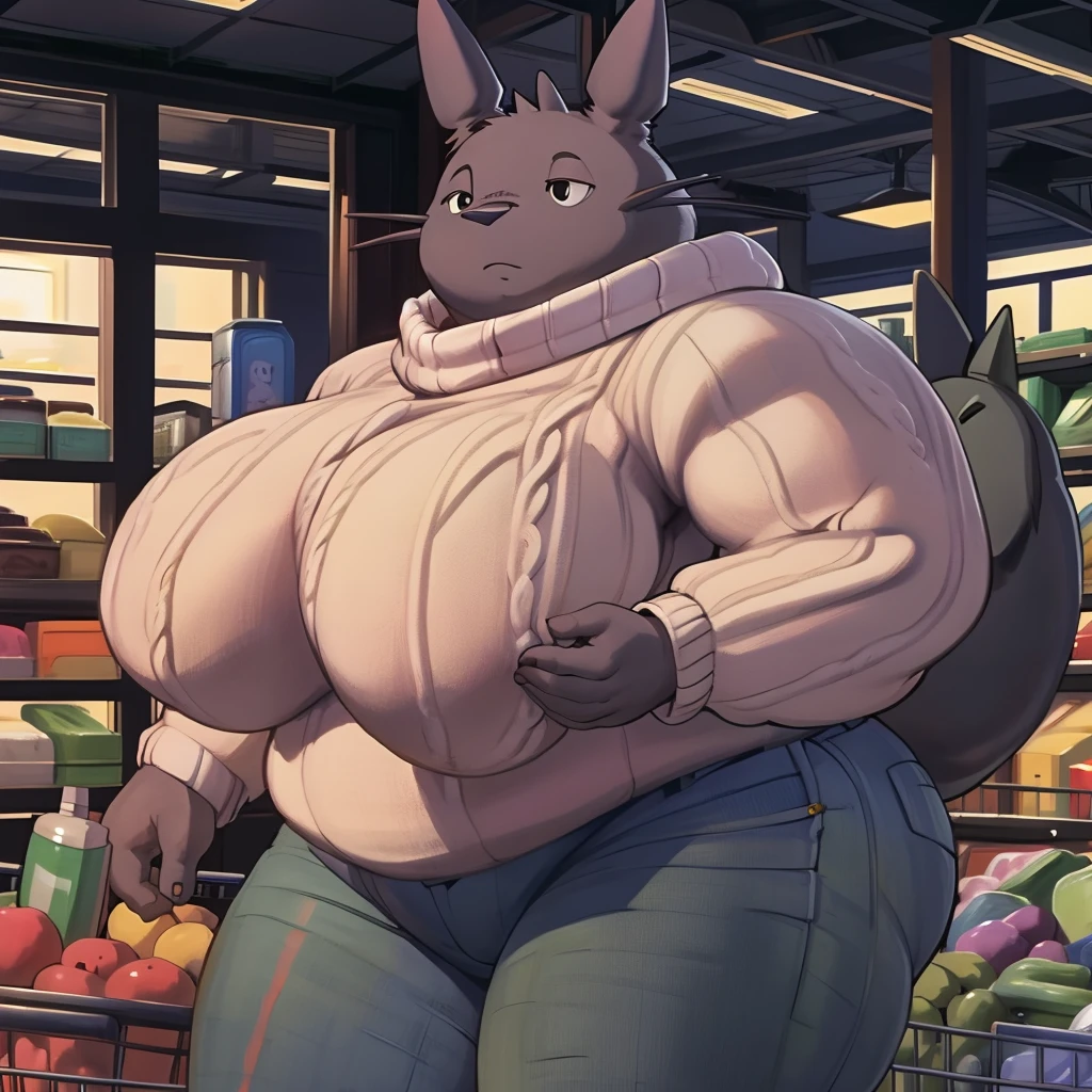  high resolution, (masterpiece:1.4), (totoro), female, chubby, high detail eyes, (sweater and jeans:1.2),(grocery:1.2),detailed backround, (large breasts:1.2), big_totoro, by darkgem, by duase,