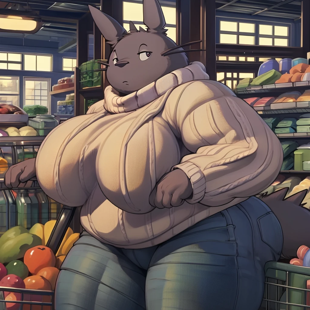  high resolution, (masterpiece:1.4), (totoro), female, chubby, high detail eyes, (sweater and jeans:1.2),(grocery:1.2),detailed backround, (large breasts:1.2), big_totoro, by darkgem, by duase,