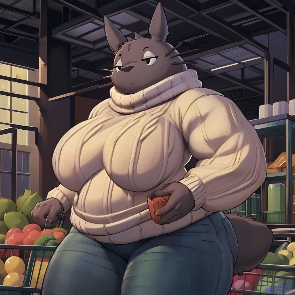  high resolution, (masterpiece:1.4), (totoro), female, chubby, high detail eyes, (sweater and jeans:1.2),(grocery:1.2),detailed backround, (large breasts:1.2), big_totoro, by darkgem, by duase,