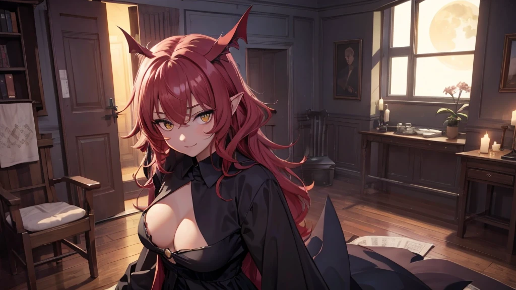 Best god quality, NO EXTRAS, detailed, a dark room with moonlight shining in, no windows, dark bedroom, minimal lights, confident succubus girl, succubus in long dress, perfect anatomy, She is alone in a room at night, exposed thighs, inside bedroom, she's standing alone in an empty room, inside a bedroom, pointy ears, dark skin, she has red hair, cute, big yellow eyes, looking at camera, red wavy hair, red hair, looking at viewer, cute, adorable, solo, yellow eyes, slender dress, mischievous look, excited expression, smug, (((SOLO))), (girl in middle standing in middle)