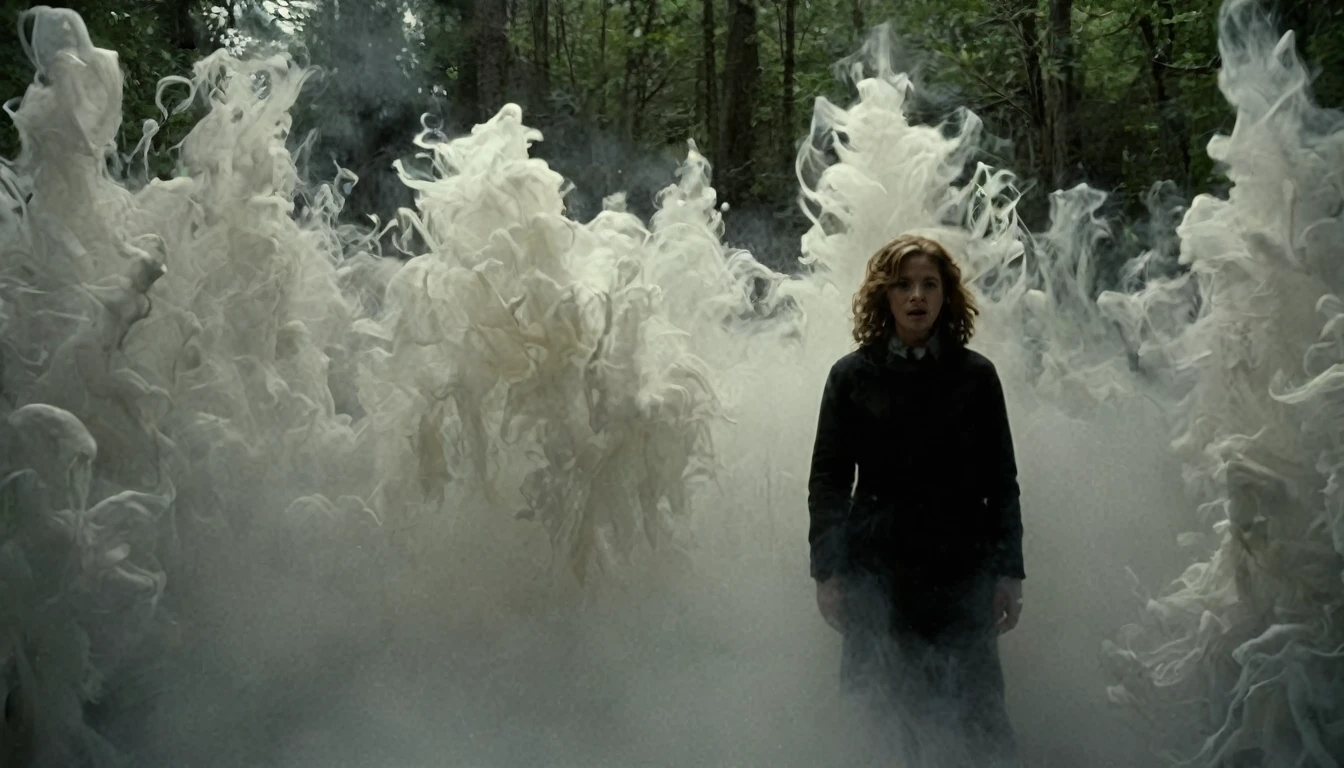 Swallowed by black, deep inside the forest, a girl is surrounded by ghosts, Lovecraftian, horor, still from film "The Thing"