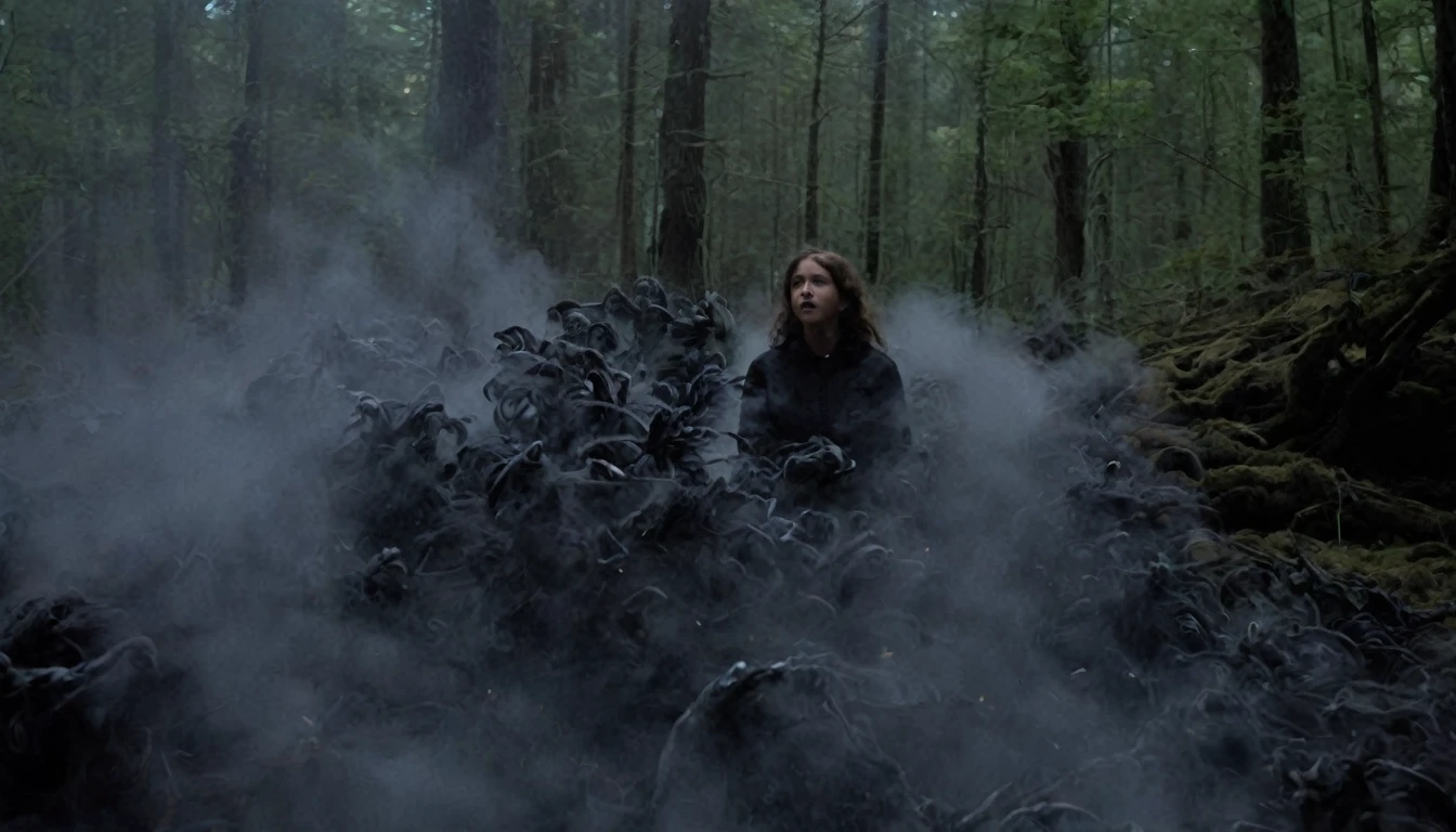 Swallowed by black, deep inside the forest, a girl is surrounded by ghosts, Lovecraftian, horor, still from film "The Thing"