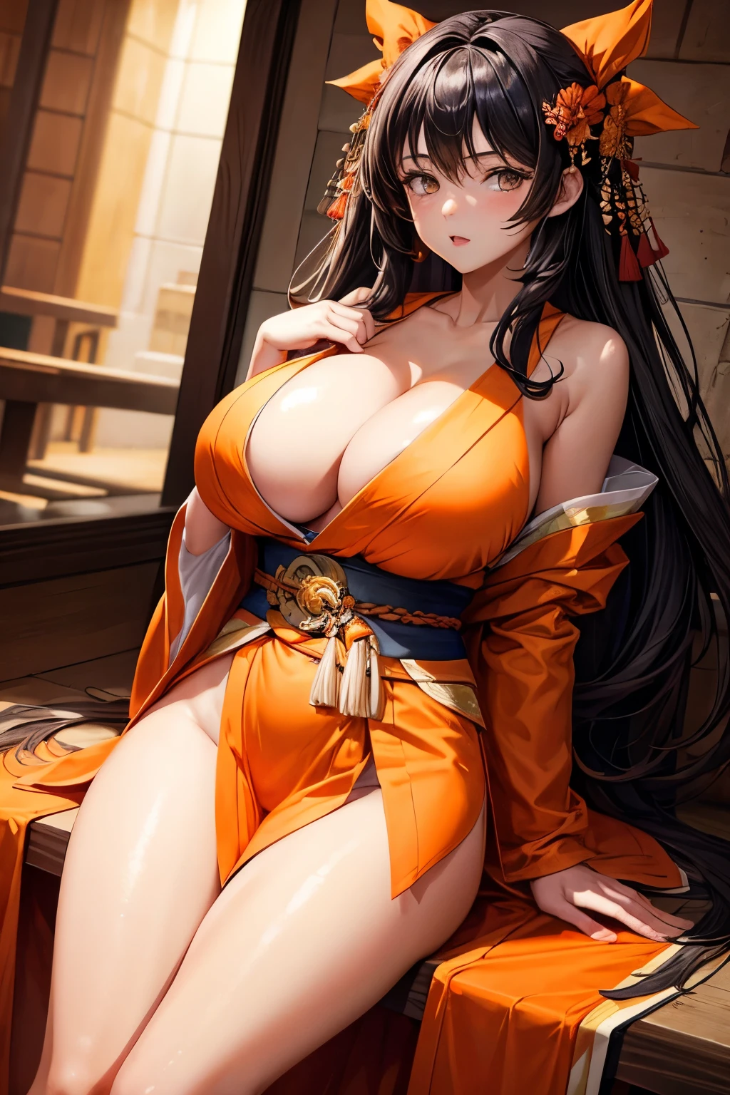 1girl, large breasts, long hair, , orange kimono, huge breasts