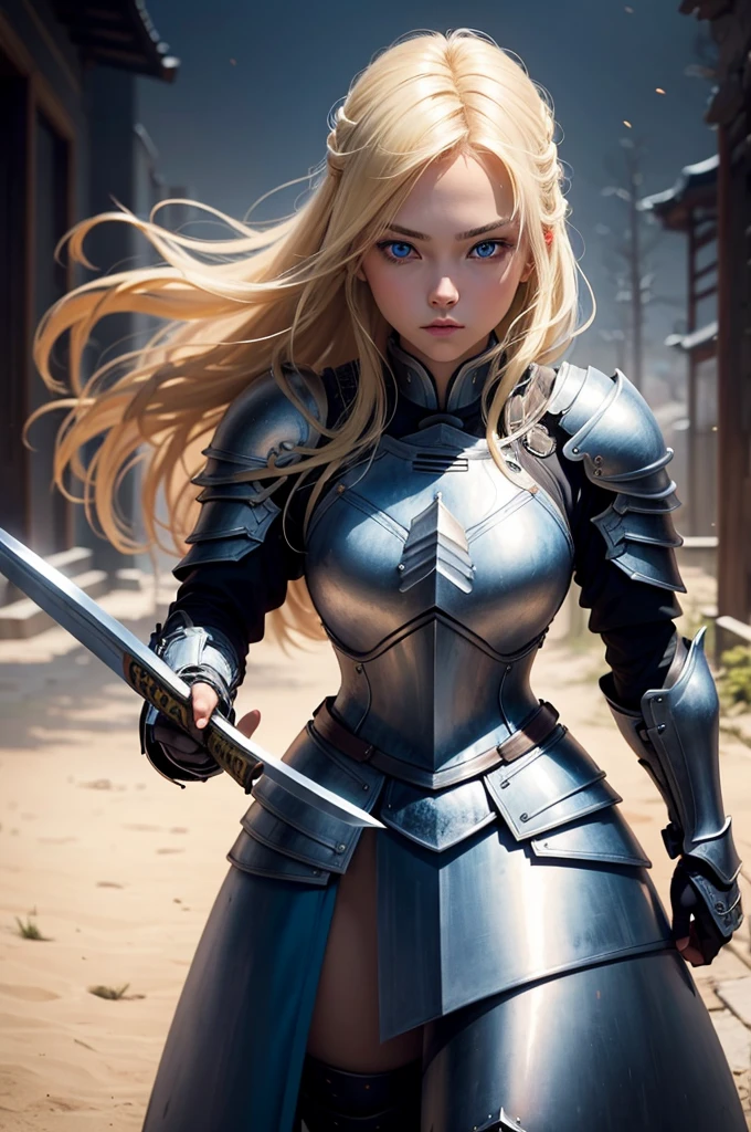 blonde girl, twenty years old, blue eyes, wearing battle armor, beautiful, holding a japanese sword