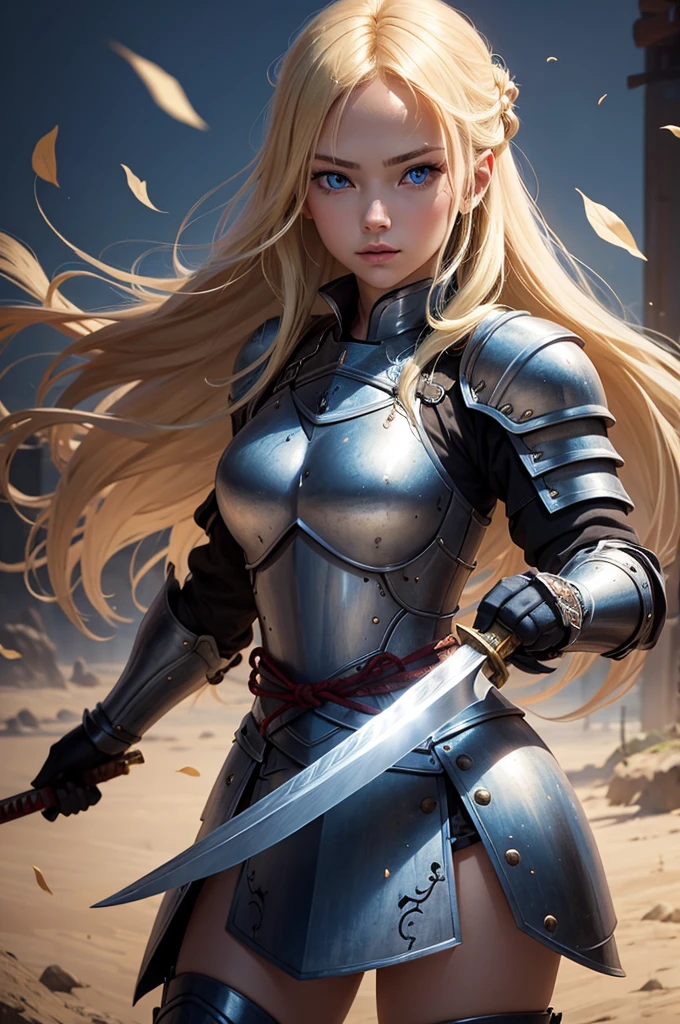 blonde girl, twenty years old, blue eyes, wearing battle armor, beautiful, holding a japanese sword
