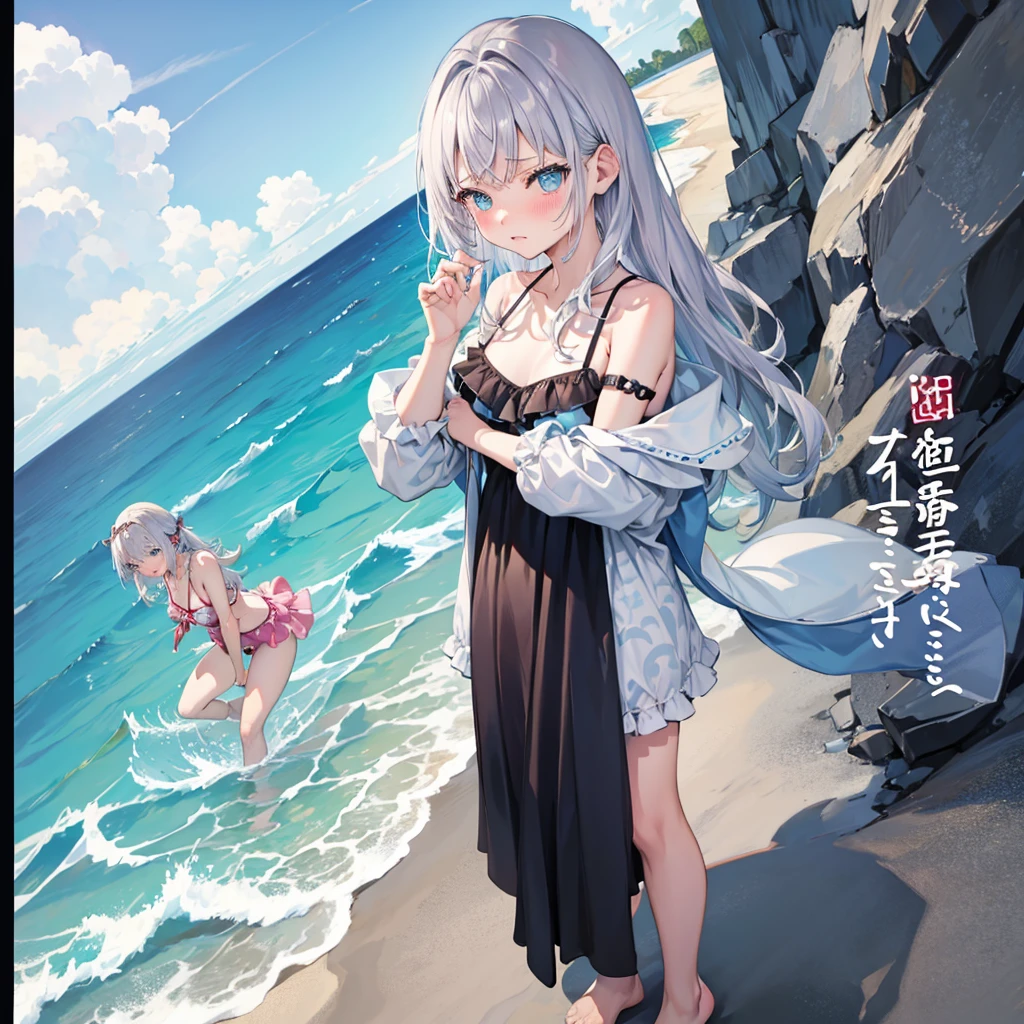 Random patterned swimsuit、Random patterned swimsuit,Swimsuit,Blushing、Medium semi-long hair、Silver Hair、pale blue eyes 、Head to toe full body、Blushing、Embarrassed look、Composition from the front、A view from slightly below、school swimwear、Acme Face、Random pose、, 、nsfw、Highest quality、1 girl、solo、Ocean、Sandy Beach、Sexy pose、Random pose、Blushing、wet、Embarrassed、I can see half of my 、、One piece swimsuit、(Strap slip:1.3)、