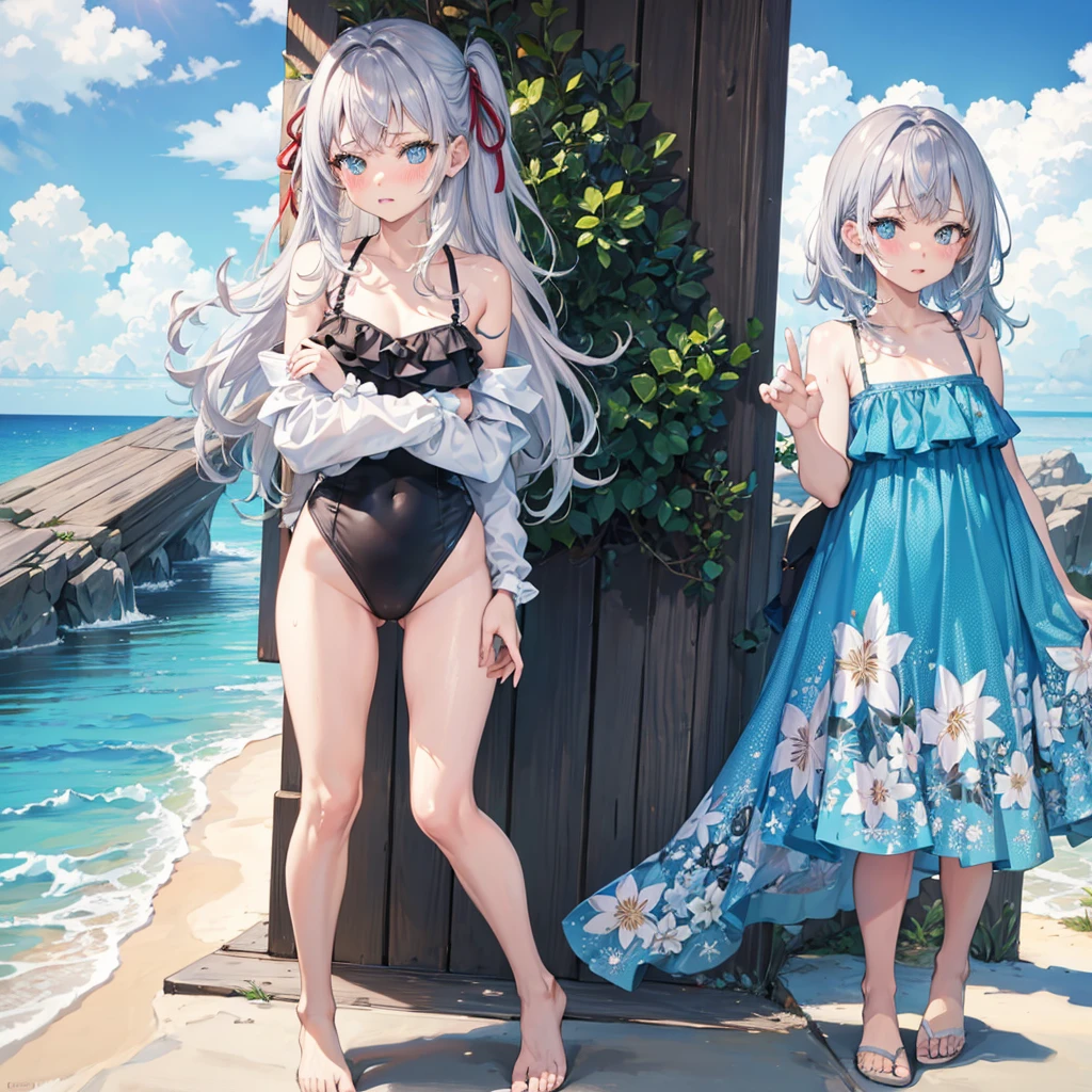 Random patterned swimsuit、Random patterned swimsuit,Swimsuit,Blushing、Medium semi-long hair、Silver Hair、pale blue eyes　、Head to toe full body、Blushing、Embarrassed look、Composition from the front、A view from slightly below、school swimwear、Acme Face、Random pose、, 、nsfw、Highest quality、1 girl、solo、Ocean、Sandy Beach、Sexy pose、Random pose、Blushing、wet、Embarrassed、I can see half of my 、、One piece swimsuit、(Strap slip:1.3)、