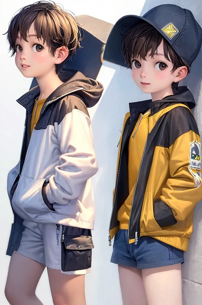 (((Masterpiece))), best quality, cowboy shot, perfect anatomy, ((realistic faces)), realistic anatomy, painterly, 1boy, (((shota))), solo, fanny pack, wavy hair, short hair, jacket, three quarter view, simple background, white background, hand in pocket, cap