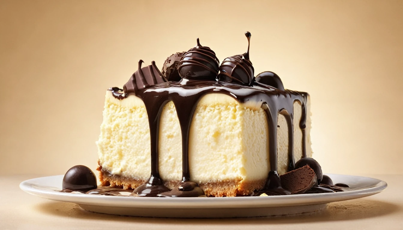 a picture of a cheesecake, cream and chocolate splashing in the elegant cream color background like in a commercial, everything in focus